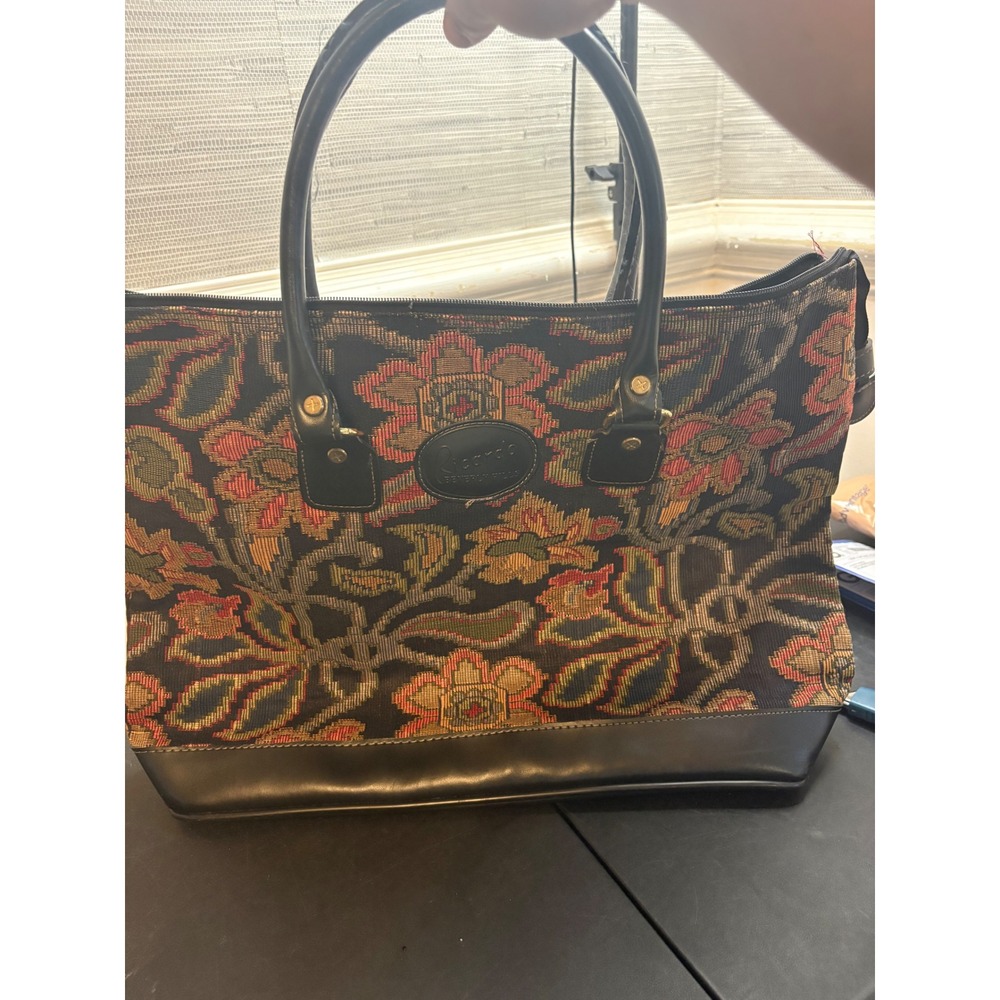 Ricardo Beverly Hills Vintage Floral Tapestry Tote Bag Black Trim Gold Hardware